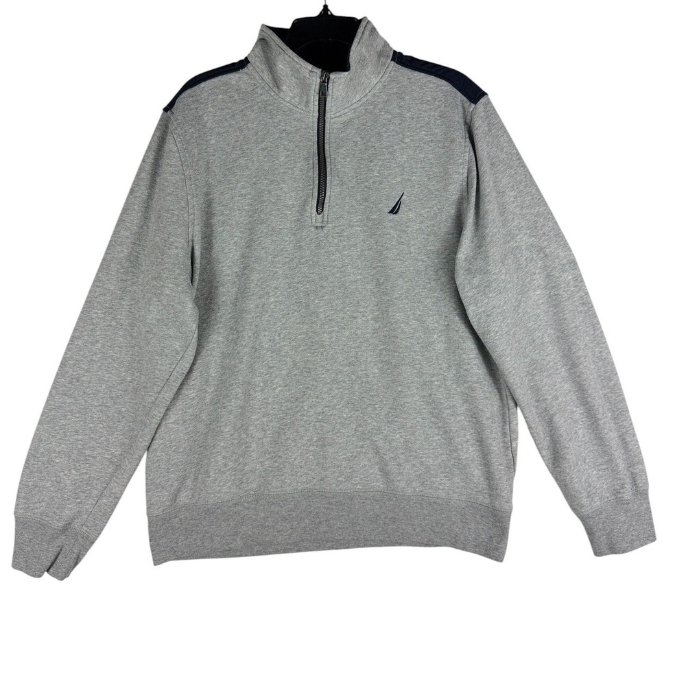 Nautica Mens Quarter Zip Pullover Sweatshirt Gray Navy Blue Large NALXGHVT7